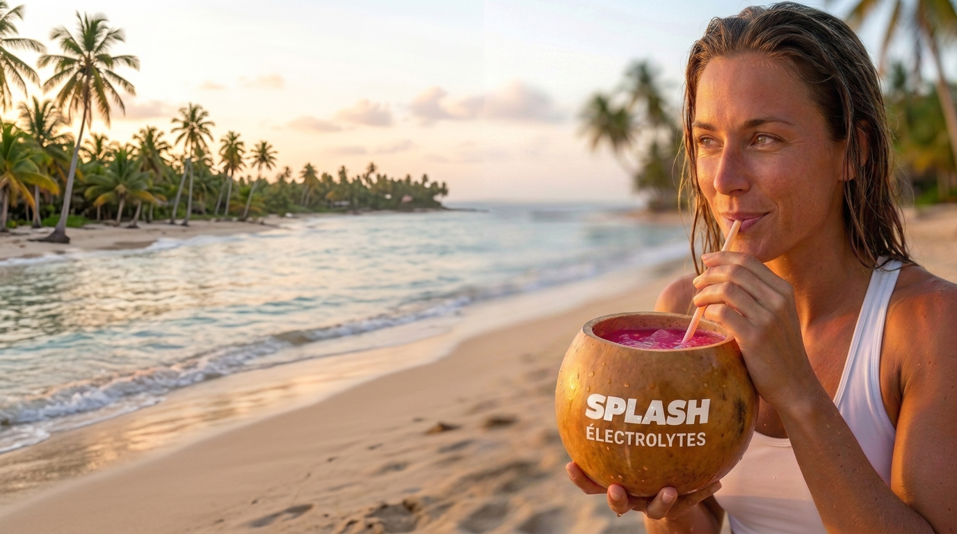 Femme buvant une boisson SPLASH sur une plage tropicale — Rejoins la vague