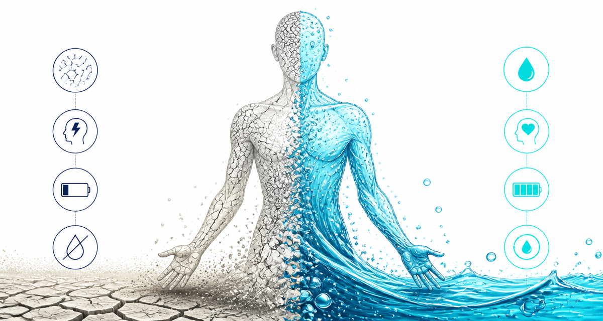 Illustration de l'hydratation du corps humain : moitié déshydratée, moitié hydratée